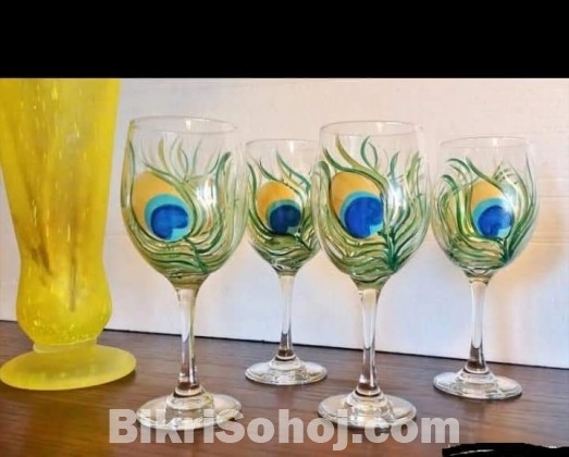 Wine glass 2 pieces peacock feather